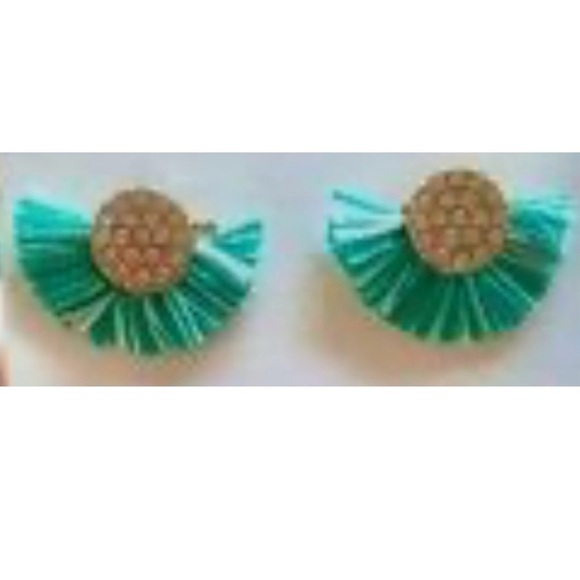 Express Jewelry - EXPRESS Teal Turquoise Blue Fringe Fan Gold Crystal Boho Stud Earrings Jewelry